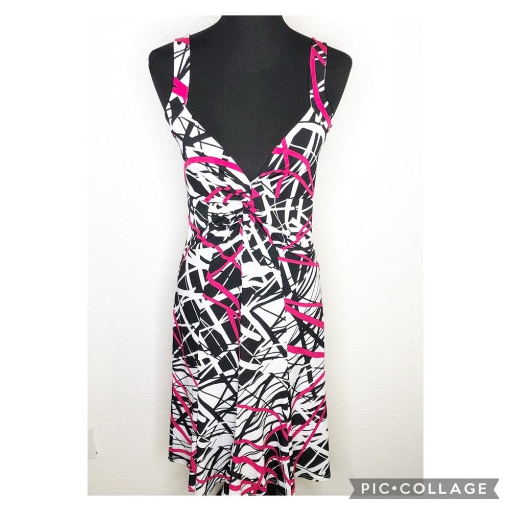 Joseph Ribkoff white black pink splatter stripe graphic midi dress size 10